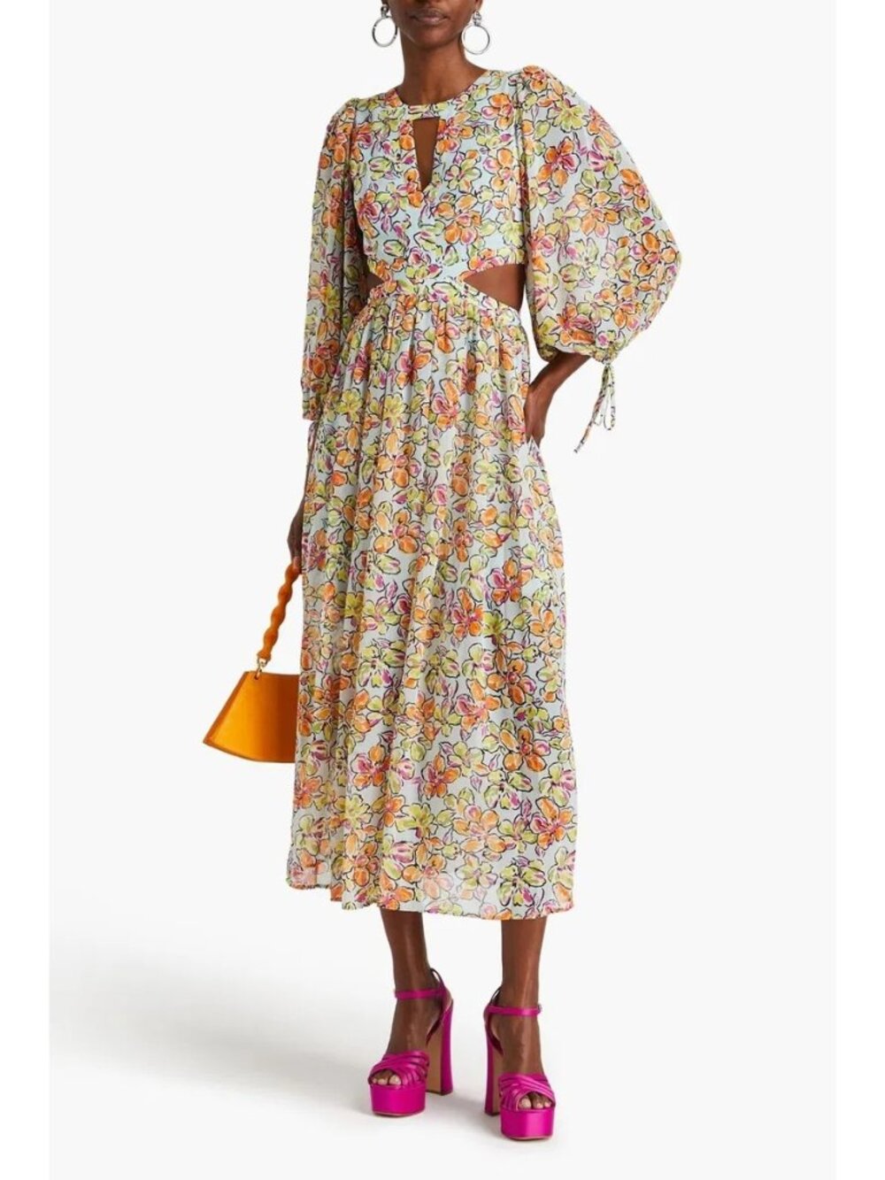 Maje Risofa Long Sleeve Maxi Dress Orange Blue Hibiscus Floral Cutout Size 8 NWT